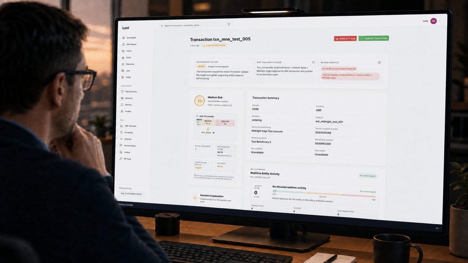 An analyst reviewing one transaction in Loci: recommended action, why it was flagged, the score in its bands, entity context, and a one-click disposition.