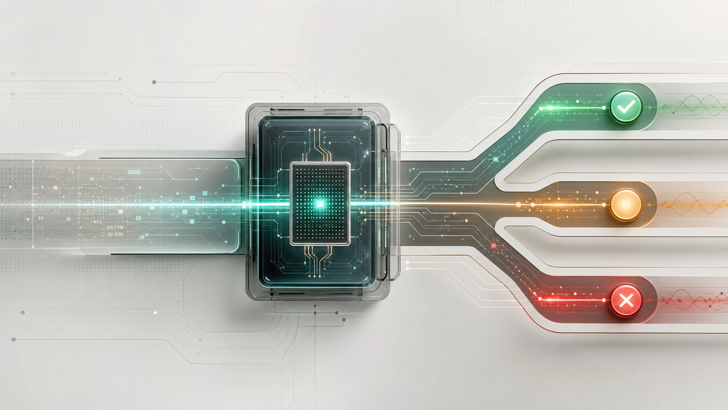 A decision engine resolving one transaction into one of three gated outcomes: approve, review, or decline.